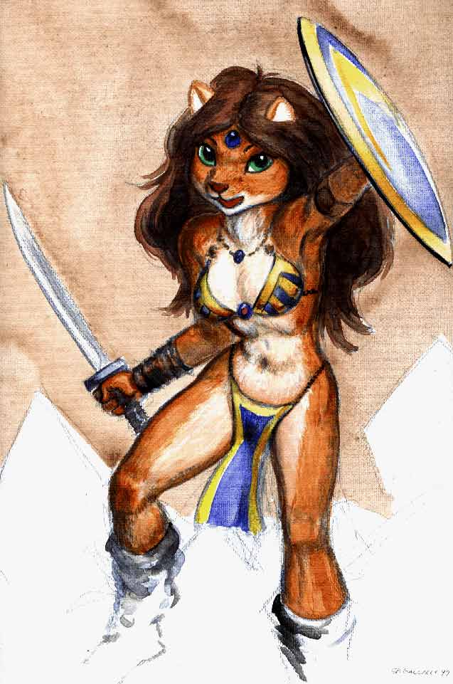 anthro brown_hair clothed clothing female green_eyes hair looking_at_viewer melee_weapon shield skimpy solo sword warrior weapon avoid_posting steve_gallacci albedo_anthropomorphics erma_felna:_edf erma_felna domestic_cat felid feline felis mammal traditional_media_(artwork)