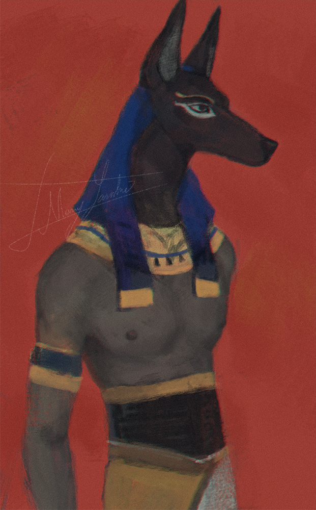 anthro armband clothed clothing eyeliner for_a_head headdress jewelry makeup male nipples red_background simple_background solo topless nayshie egyptian_mythology middle_eastern_mythology mythology anubis animal_head animal_humanoid anubian_jackal canid canine canis cynocephalus deity humanoid jackal mammal traditional_media_(artwork)