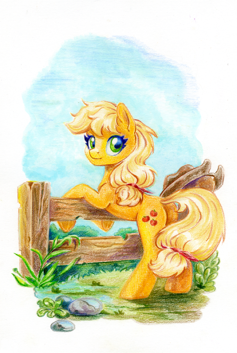 blonde_hair butt clothing cowboy_hat cutie_mark female fence fencepost feral hair hat headgear headwear looking_at_viewer looking_back looking_back_at_viewer orange_body ponytail quadruped rock solo tail yellow_tail maytee friendship_is_magic hasbro my_little_pony applejack_(mlp) earth_pony equid equine horse mammal pony 2022 colored_pencil_(artwork) hi_res traditional_media_(artwork)