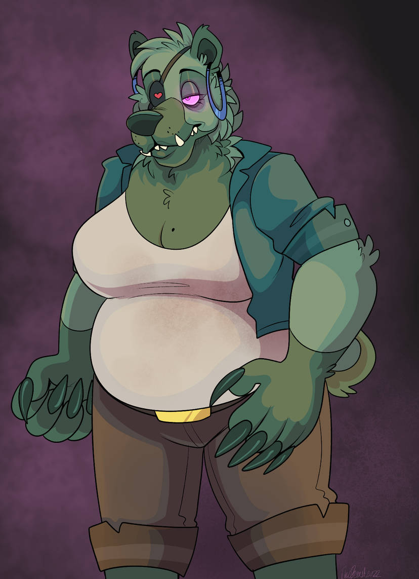 5_fingers anthro arm_tuft belt belt_buckle big_breasts big_nose black_eyebrows blue_ear_ring bottomwear breasts brown_belt brown_bottomwear brown_clothing brown_shorts buckle claws cleavage clothed clothed_anthro clothed_female clothing ear_piercing ear_ring elbow_tuft eye_patch eyebrows eyelashes eyewear female female_anthro finger_claws fingers fully_clothed fully_clothed_anthro fully_clothed_female fur glowing glowing_eyes green_body green_claws green_clothing green_fur green_hair green_jacket green_lips green_nose green_tail green_topwear hair half-closed_eyes hoop_ear_ring jacket light lips mouth_closed multicolored_body multicolored_fur narrowed_eyes open_clothing open_jacket open_topwear piercing pink_eyes pink_sclera purple_background ring_piercing sharp_teeth shirt short_hair shorts simple_background slightly_chubby slightly_chubby_anthro slightly_chubby_female solo standing tail teeth thick_bottom_lip thick_thighs topwear tuft two_tone_body two_tone_fur white_clothing white_shirt white_topwear beastofeuthanasia patricia_(beastofeuthanasia) bear brown_bear mammal ursine 2022 colored dated digital_drawing_(artwork) digital_media_(artwork) english_description lighting shaded signature