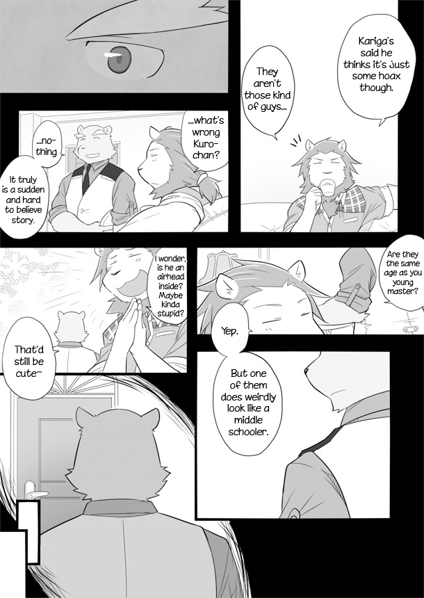 anthro chest_tuft clothing dialogue fur male text tuft cotton_(artist) tooboe_bookmark fukuzawa kuro_(tooboe_bookmark) bear felid lion mammal pantherine comic english_text greyscale monochrome