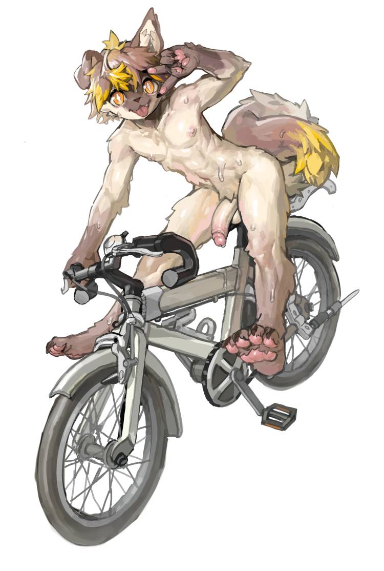 abs anthro athletic bicycle bodily_fluids foreskin genitals gesture hair half-erect hand_gesture happy humanoid_genitalia humanoid_penis kemono male nude on_bike orange_eyes pawpads penis retracted_foreskin simple_background solo sweat three-quarter_view tongue tongue_out v_sign vehicle jyhls canid canine canis domestic_dog mammal