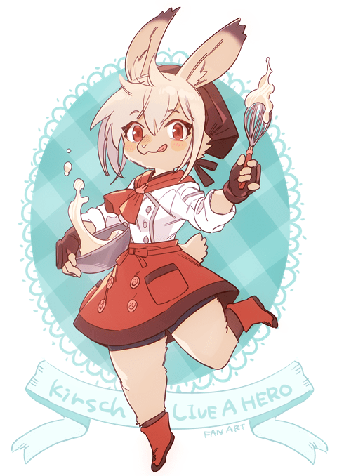 anthro apron baker batter blush boots bowl clothing container female fingerless_gloves footwear gloves handwear kitchen_utensils shoes solo tools whisk 1boshi lifewonders live_a_hero kirsch_(live_a_hero) lagomorph leporid mammal rabbit