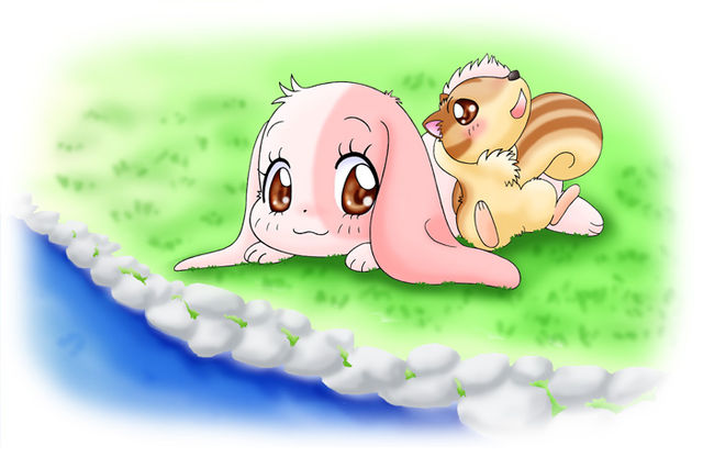 3_fingers 3_toes :3 anthro black_nose blush brown_body brown_eyes brown_fur chest_tuft duo eyebrows eyelashes feet female fingers fur grass hands_behind_head japanese larger_female long_ears lying male male/female open_mouth pink_body pink_fur plant short_fur sitting size_difference smaller_male smile stripes toes tuft water unknown_artist happy_happy_clover pixiv sayuri_tatsuyama mallow_(happy_happy_clover) twirl domestic_rabbit lagomorph leporid lop_rabbit mammal oryctolagus rabbit rodent sciurid tree_squirrel