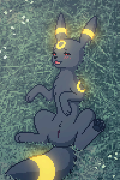 bedroom_eyes black_body black_fur blush ears_up female feral flower fur genitals glowing glowing_markings grass half-closed_eyes lying markings narrowed_eyes on_back open_mouth plant presenting pussy seductive smile solo spread_legs spreading submissive yellow_markings fuzzledfur nintendo pokemon eeveelution generation_2_pokemon pokemon_(species) umbreon 2017 2:3 digital_media_(artwork) pixel_(artwork)