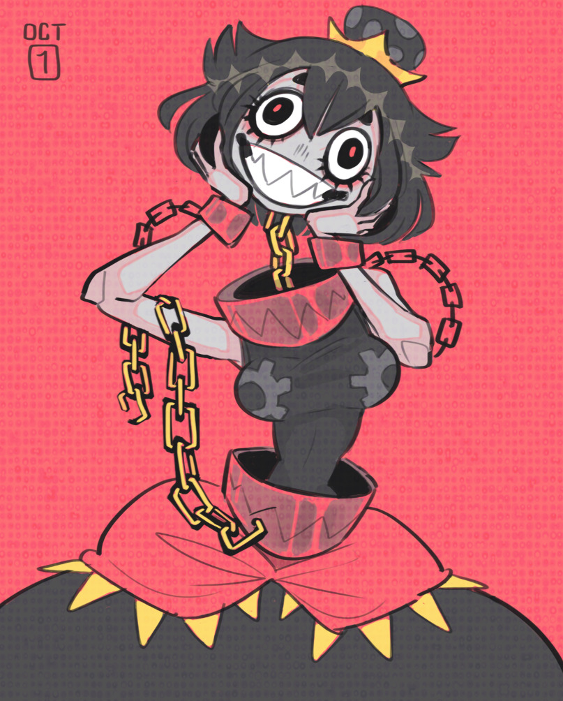 bear_trap black_clothing black_dress black_eyes black_hair breasts chain clothing crown cuff_(restraint) detachable detachable_head dress female grey_body hair handcuffs headgear metal_cuffs pupils red_background red_pupils restraints sharp_teeth simple_background skinny smile smiling_at_viewer solo super_crown teeth trap_(contrivance) freckledoctopus inktober mario_bros nintendo chompette chain_chomp humanoid meme