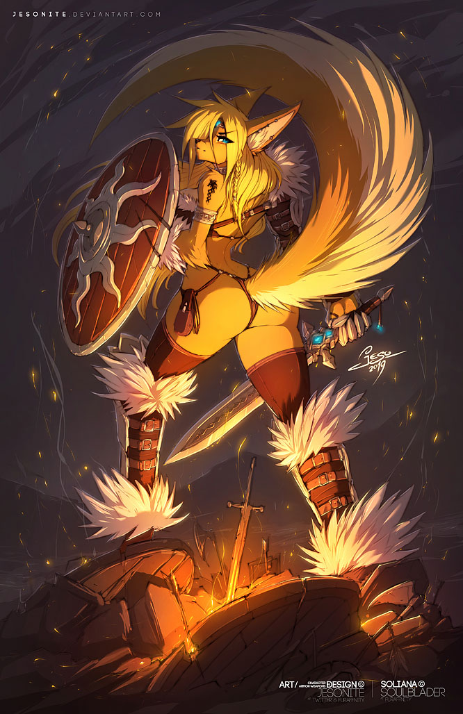 anthro armband armor blonde_hair bra clothing ear_piercing female fire fur hair looking_at_viewer looking_back melee_weapon piercing pouch_(anatomy) pouch_purse shield solo sword tattoo text thong unconvincing_armor underwear weapon yellow_body yellow_fur jesonite soliana_valstrom canid canine fox mammal url