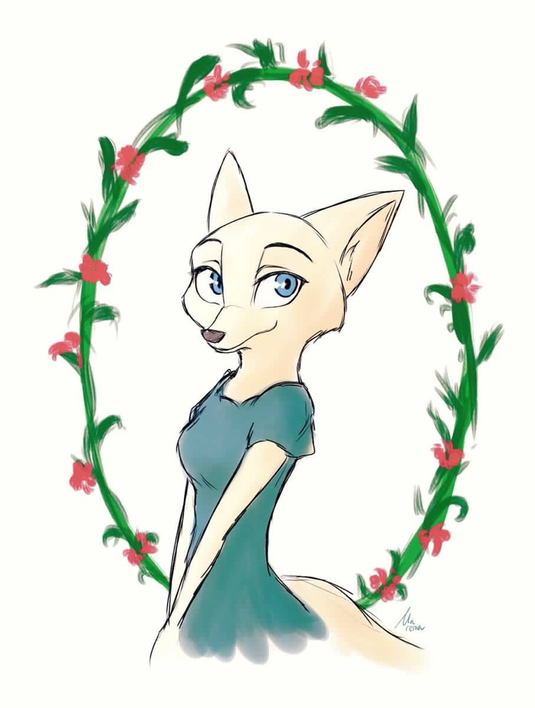 anthro black_nose blue_eyes breasts clothed clothing dress female flower fully_clothed fur inner_ear_fluff plant simple_background small_breasts solo tuft white_background white_body white_fur marema_kishin disney zootopia skye_(zootopia) arctic_fox canid canine fox mammal true_fox 2018 digital_media_(artwork)