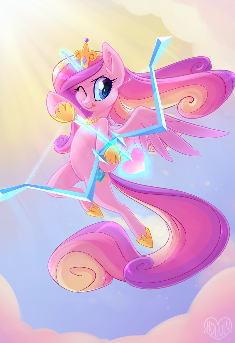 action_pose arrow_(weapon) blue_eyes bow_(weapon) crown day feathered_wings feathers female feral fur headgear heart_symbol horn outside pink_body pink_fur pose ranged_weapon royalty sky skyscape solo weapon wings hollulu friendship_is_magic hasbro my_little_pony mythology princess_cadance_(mlp) equid equine mammal mythological_creature mythological_equine winged_unicorn