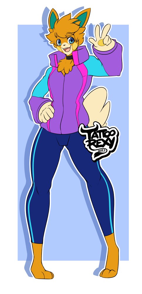 3_toes 5_fingers anthro blue_eyes bottomwear clothing feet fingers jacket male orange_body pants paws purple_clothing simple_background solo tail toes topwear windbreaker tattoorexy nintendo pokemon generation_9_pokemon pawmot pokemon_(species)