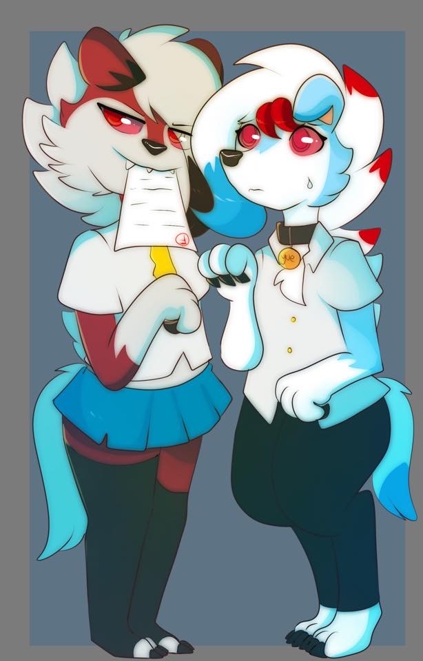 adolescent anthro bodily_fluids claws clothing duo eating female fur homework male male/female nervous nervous_sweat red_body red_eyes red_fur school school_uniform shy silly sweat uniform young kitsunekotaro nintendo pokemon candydoggo_(zero_ninetails) lyra_woof generation_7_pokemon lycanroc midnight_lycanroc pokemon_(species)