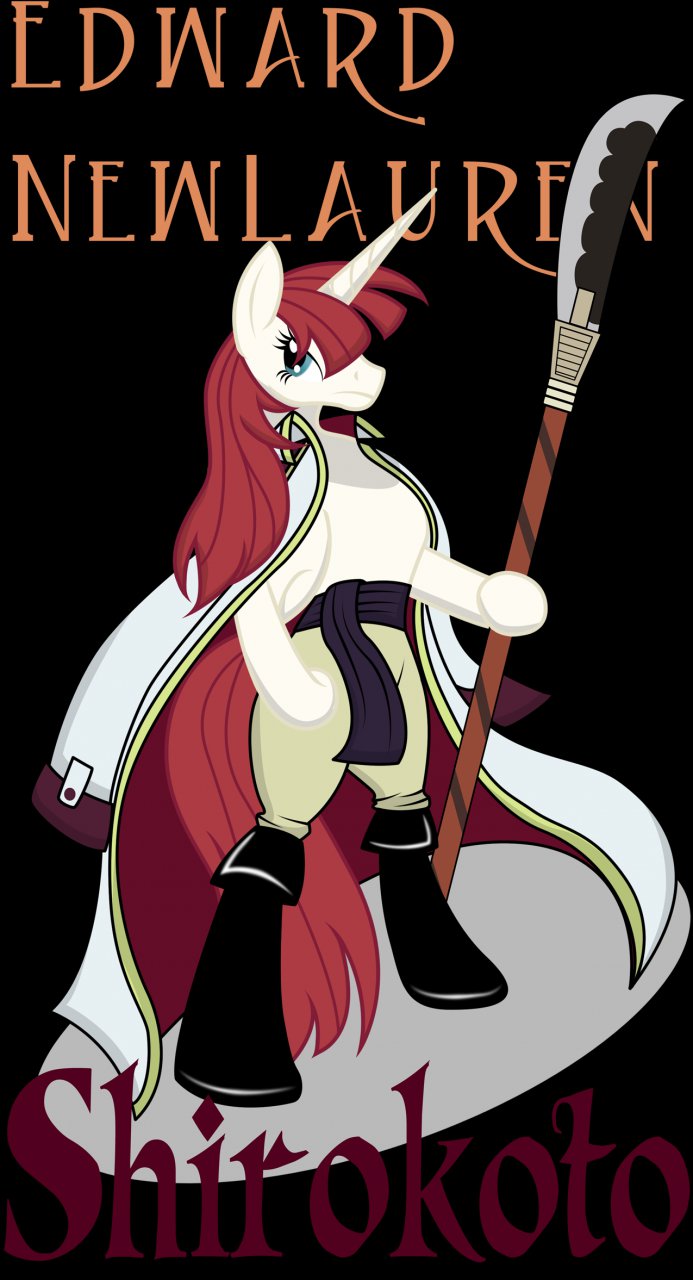 anthro anthrofied cloak clothing female hair horn looking_at_viewer melee_weapon polearm red_hair simple_background smile solo spear tail text weapon kyubicat friendship_is_magic hasbro my_little_pony mythology one_piece edward_newgate lauren_faust_(character) equid equine mammal mythological_creature mythological_equine unicorn 2012 crossover english_text hi_res