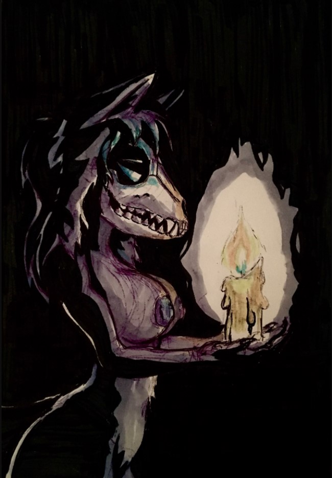 anthro areola bone breasts candle candlelight claws clothed clothing female fire glowing light nipples shadow skull skull_head solo topless victordantes scp_foundation marsh_(marshthemalo) scp-1471-a canid canine canis malo mammal wolf traditional_media_(artwork)