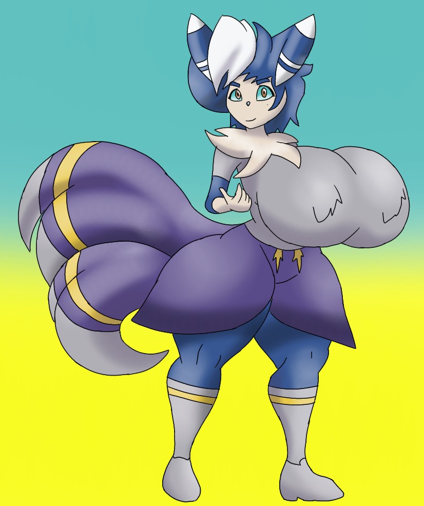 anthro big_breasts blue_hair bottomwear breasts brown_eyes clothing female footwear hair huge_breasts mismatched_sexual_dimorphism shoes shorts socks solo tail white_body zanonimostal nintendo pokemon piku_(kuge) generation_6_pokemon meowstic pokemon_(species)