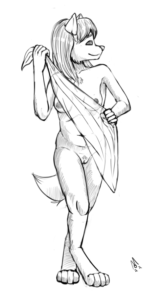 adolescent anthro breasts cloth digitigrade female genitals looking_at_viewer navel nipples nude pose pubes pussy simple_background smile solo standing white_background young musso canid canine canis mammal wolf 2022 monochrome sketch