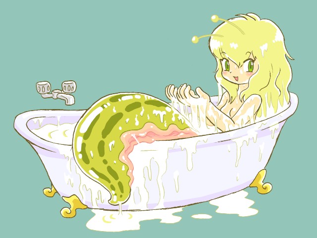 antennae_(anatomy) bath bathtub blonde_hair claw_foot_bathtub female green_eyes hair open_mouth solo water pukao animal_humanoid gastropod humanoid mollusk monster 4:3