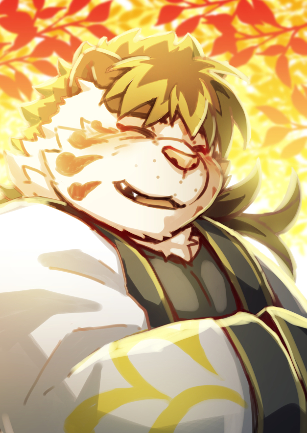 anthro autumn clothed clothing cute_fangs eyes_closed fangs fur kemono leaf male overweight overweight_anthro overweight_male solo teeth white_body white_fur ptcmtr lifewonders tokyo_afterschool_summoners licho_(tas) felid mammal pantherine tiger 2020