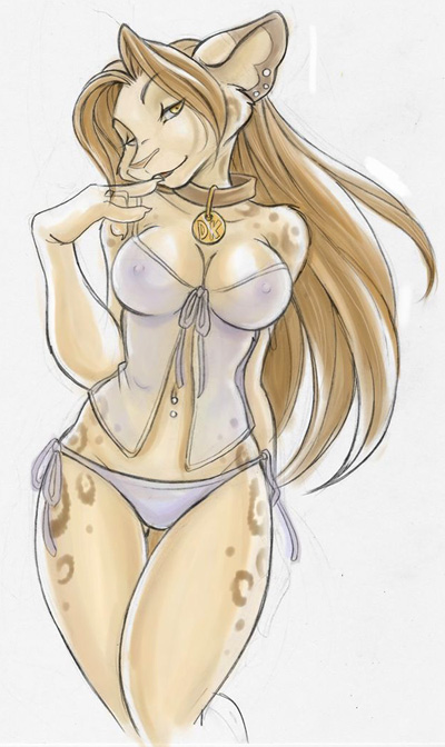 anthro babydoll breasts brown_hair clothing collar curvy_figure ear_piercing female hair hourglass_figure jewelry leopard_spots lingerie looking_at_viewer markings navel navel_piercing nightgown nipples panties piercing small_waist solo spots thigh_gap translucent translucent_clothing underwear yellow_eyes devilkitten_yami devilkitten felid feline leopardus mammal ocelot