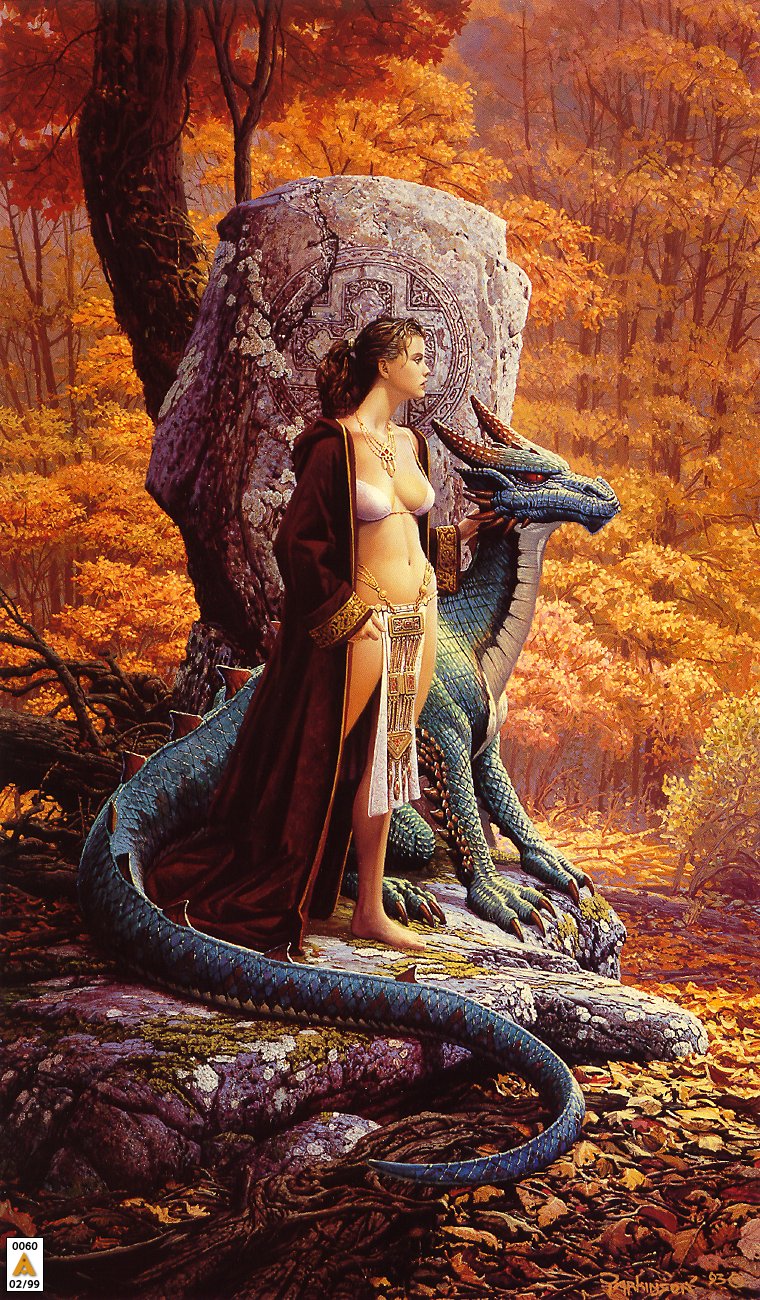 anthro autumn barefoot bikini blue_body blue_scales bottomwear boulder breasts brown_hair budded_cross celtic celtic_budded_cross celtic_cross celtic_knot claws cloak clothed clothing cross detailed_background duo feet female forest gem gold_(metal) hair horn jewelry leaf loincloth midriff nature necklace outside plant red_body red_eyes red_scales robe rock ruby_(gem) scales stone_cross swimwear tail tree two-piece_swimsuit yellow_body yellow_scales keith_parkinson mythology dragon human mammal mythological_creature mythological_scalie scalie hi_res