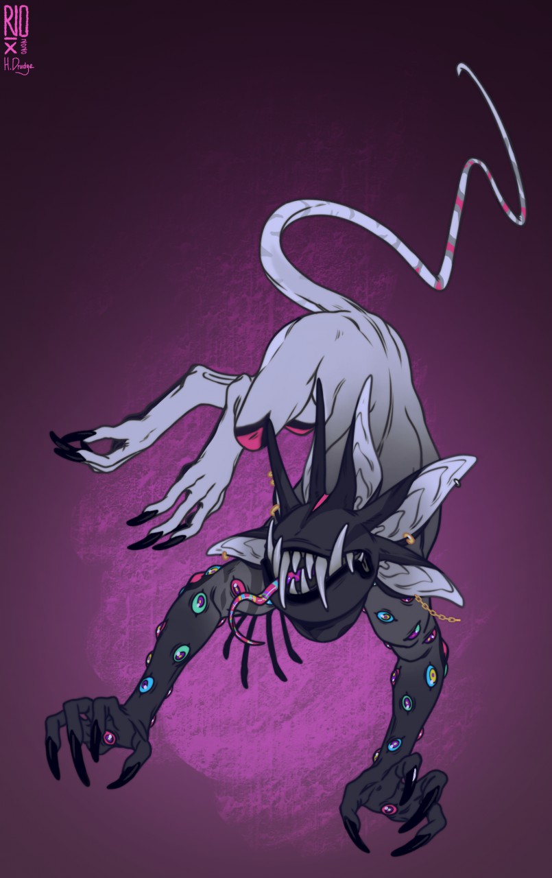 6_ears ambiguous_gender big_claws big_fangs black_claws blue_sclera body_horror chain claws ear_piercing ear_ring fangs front_view glistening glistening_eyes grey_body grey_inner_ear logo markings multi_ear open_mouth piercing pink_sclera purple_eyes ring_piercing simple_background solo striped_markings striped_tail striped_tongue stripes tail tail_markings teeth toe_claws tongue tongue_out yellow_eyes adrenalinedradge2 riorix monster 2020 artist_logo dated hi_res