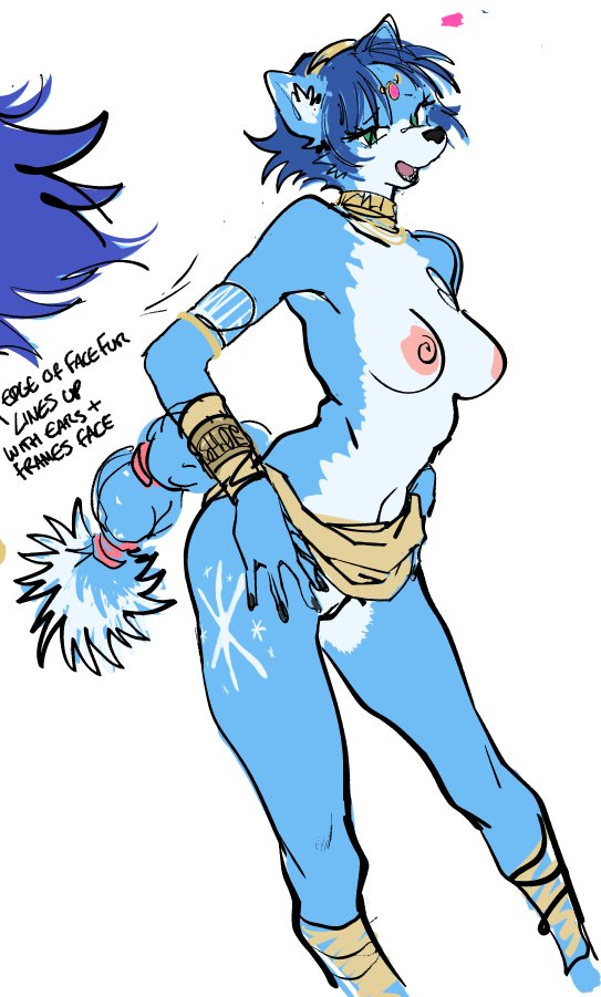 anthro areola black_nose blue_arms blue_body blue_ears blue_fingers blue_fur blue_hair blue_hands blue_legs blue_tail bottomwear breasts clothing female fur genitals hair jewelry loincloth nipples open_mouth pink_areola pink_nipples pussy solo tail text watatanza nintendo star_fox krystal_(star_fox) canid canine fox mammal 2023 english_text