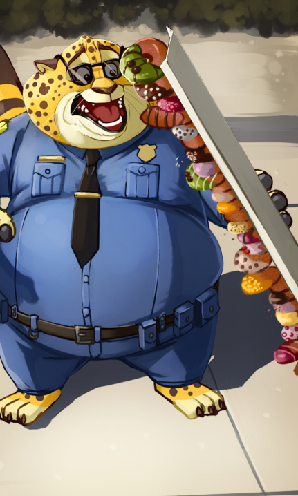 anthro clothing dessert doughnut eyebrows eyewear falling food male male_anthro open_mouth overweight overweight_anthro overweight_male pastry police police_uniform raised_inner_eyebrows shocked solo sunglasses uniform inubikko disney zootopia benjamin_clawhauser cheetah felid feline mammal