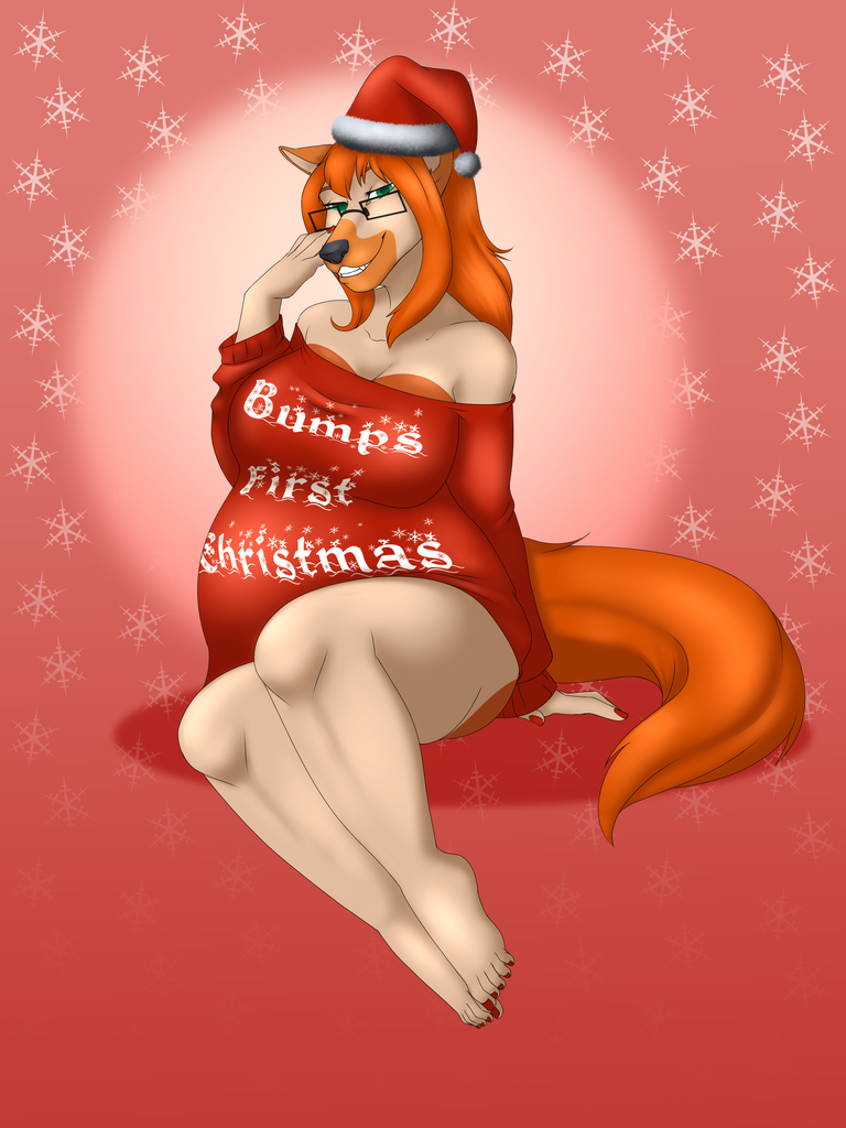 anthro belly big_belly butt christmas_clothing christmas_headwear clothing colored_nails eyewear feet female fluffy fluffy_tail fur glasses green_eyes hat headgear headwear holidays jumper nail_varnish nails nude paws pregnant red_clothing red_hat red_headwear santa_hat solo tail sweetvixsin christmas natasha_rand santa_claus canid canine canis domestic_dog mammal 3:4