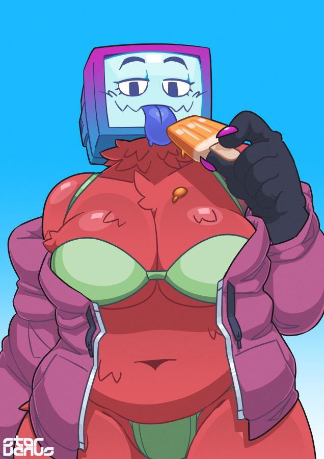 5_fingers anthro belly big_breasts bikini blue_background blue_tongue breasts cleavage clothed clothing colored_nails crossgender electronics female fingers food for_a_head front_view fur green_bikini green_bikini_bottom green_bikini_top green_clothing green_swimwear holding_food holding_object holding_popsicle jacket licking_popsicle looking_at_viewer mtf_crossgender nails narrowed_eyes navel popsicle popsicle_melting red_body red_fur screen screen_face simple_background smile solo swimwear television tongue topwear two-piece_swimsuit undressing starvenus00 pyrocynical canid canine fox mammal object_head screen_head tv_head 2023 digital_drawing_(artwork) digital_media_(artwork) portrait three-quarter_portrait watermark