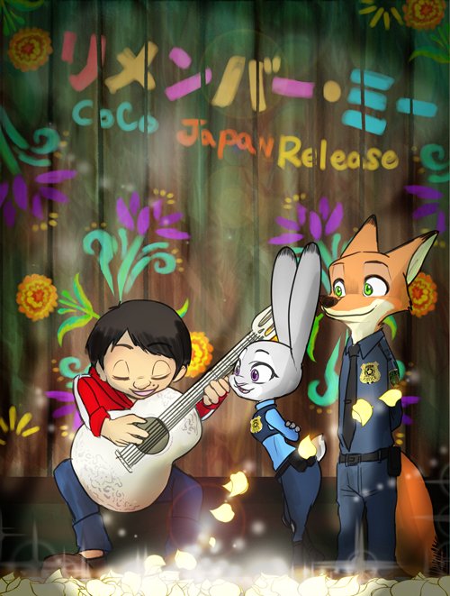 anthro clothing female fur green_eyes group guitar male musical_instrument plucked_string_instrument police police_uniform purple_eyes simple_background smile string_instrument text uniform mitsuharu coco_(pixar) disney pixar zootopia judy_hopps miguel_rivera nick_wilde canid canine fox human lagomorph leporid mammal rabbit red_fox true_fox 2018 crossover japanese_text