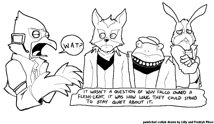 anthro dialogue group male text fredryk_phox nintendo paintchat star_fox falco_lombardi fox_mccloud peppy_hare slippy_toad canid canine fox mammal english_text monochrome