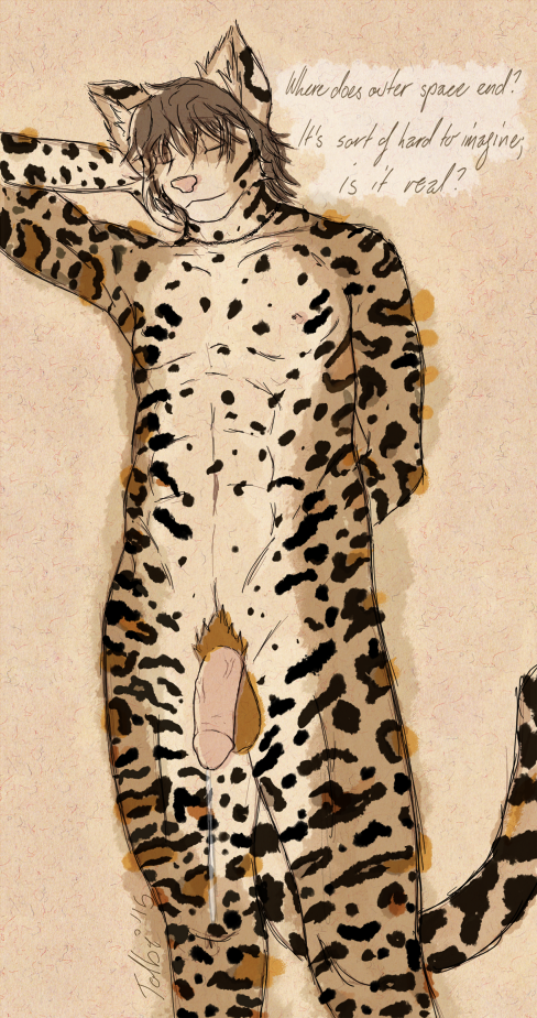 anthro balls genitals half-erect humanoid_genitalia humanoid_penis male nude penis simple_background smile solo spots text tolbi tolbi_angara felid feline leopardus mammal ocelot 2015 english_text traditional_media_(artwork)