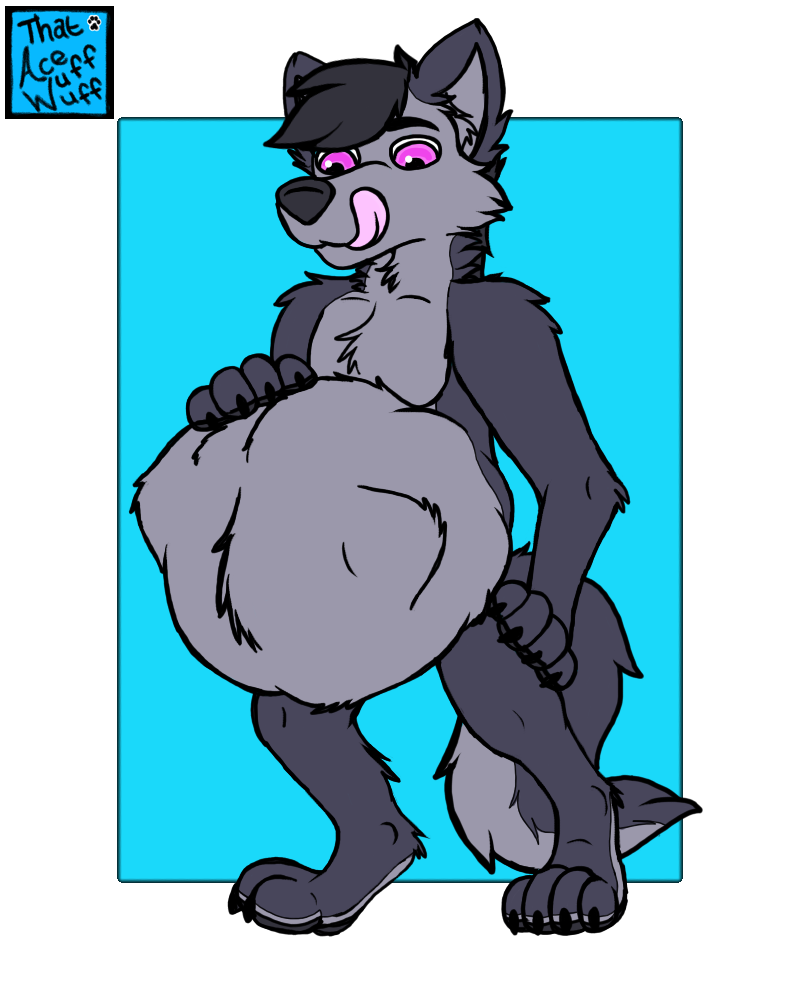 ambiguous_gender ambiguous_prey anthro belly belly_fur big_belly fluffy fluffy_tail hair male male_pred pecs simple_background squirming tail tongue vore acewolfy1996 ultimas canid canine canis mammal wolf 2017 4:5 watermark