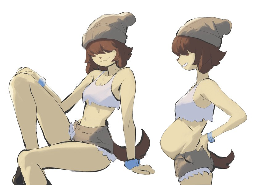 anthro bottomwear brown_hair clothing denim denim_bottomwear denim_clothing denim_shorts female floppy_ears hair hair_over_eyes headgear headwear midriff pale_fur pregnant shorts simple_background solo stocking_cap tomboy colo third-party_edit sam_kensington canid canine canis domestic_dog mammal