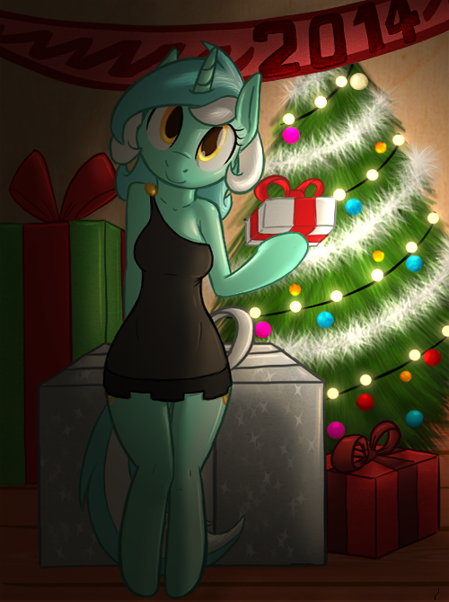 amber_eyes anthro anthrofied biped breasts cloth clothed clothing cutie_mark dress female fur gift green_body green_fur hair holidays horn looking_at_viewer multicolored_hair smile solo standing two_tone_hair tg-0 friendship_is_magic hasbro my_little_pony mythology new_year lyra_heartstrings_(mlp) equid equine mammal mythological_creature mythological_equine unicorn sketch