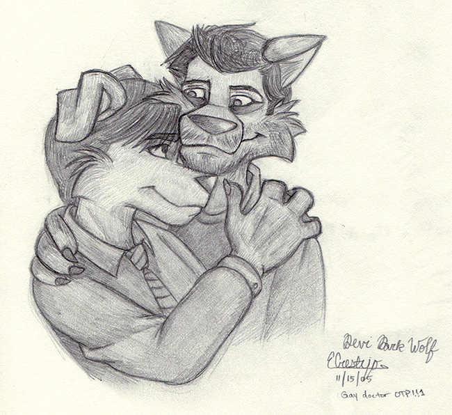 alternate_species anthro duo furrification male male/male romantic romantic_couple simple_background devidarkwolf house.m.d. gregory_house wilson canid canine mammal greyscale monochrome