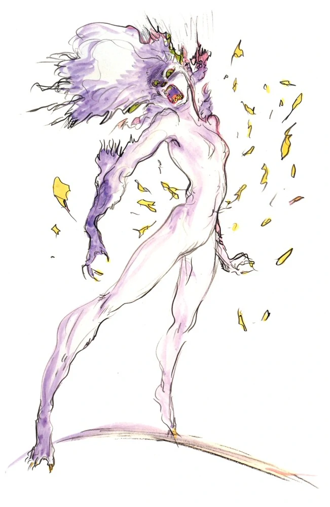 angry anthro breasts claws digitigrade featureless_breasts featureless_crotch female flowing_hair front_view fur hair looking_at_viewer navel nude open_mouth purple_body purple_fur purple_hair sharp_teeth simple_background small_breasts solo standing teeth three-quarter_view tiptoes white_body white_fur yellow_sclera yoshitaka_amano final_fantasy final_fantasy_vi square_enix terra_branford trance_tina_branford canid canine esper mammal official_art