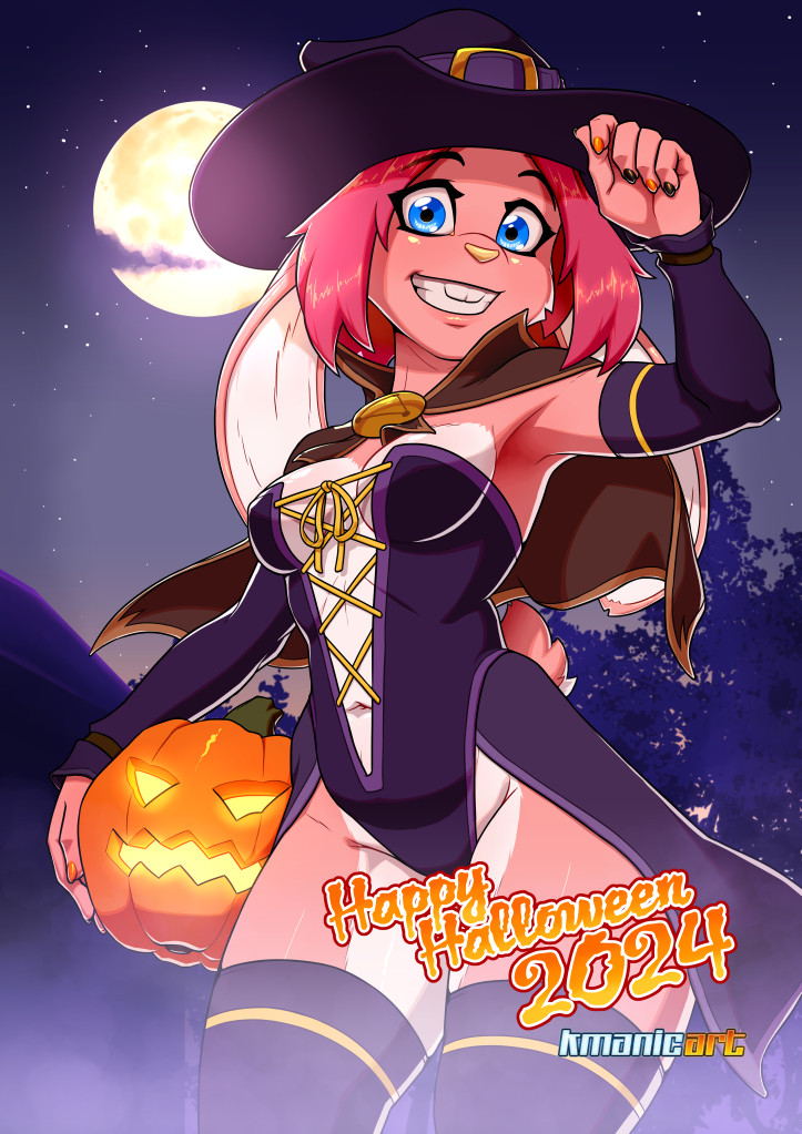 anthro blue_eyes breasts clothing ears_down female floppy_ears food fruit hair hat headgear headwear holding_clothing holding_hat holding_headgear holding_headwear holding_object holidays jack-o'-lantern long_ears looking_at_viewer lop_ears moon mountain night outside pink_body pink_hair pivoted_ears plant pumpkin sky smile smiling_at_viewer solo standing star starry_sky tree witch_costume witch_hat keiron_white halloween fran_cervice lagomorph leporid mammal rabbit