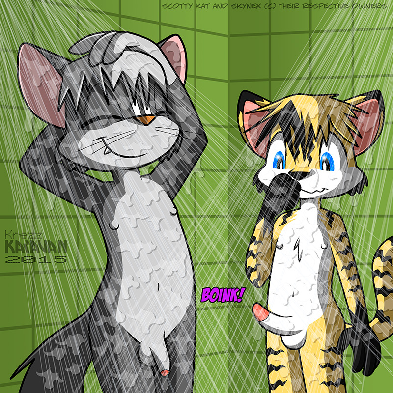 anthro countershading duo erection eyes_closed genitals male male/male navel penis shower smile spots toony water whiskers young young_anthro young_on_young krezz_karavan scotty_kat skynex_(rajak) domestic_cat felid feline felis hybrid mammal mephitid skunk 1:1 2015