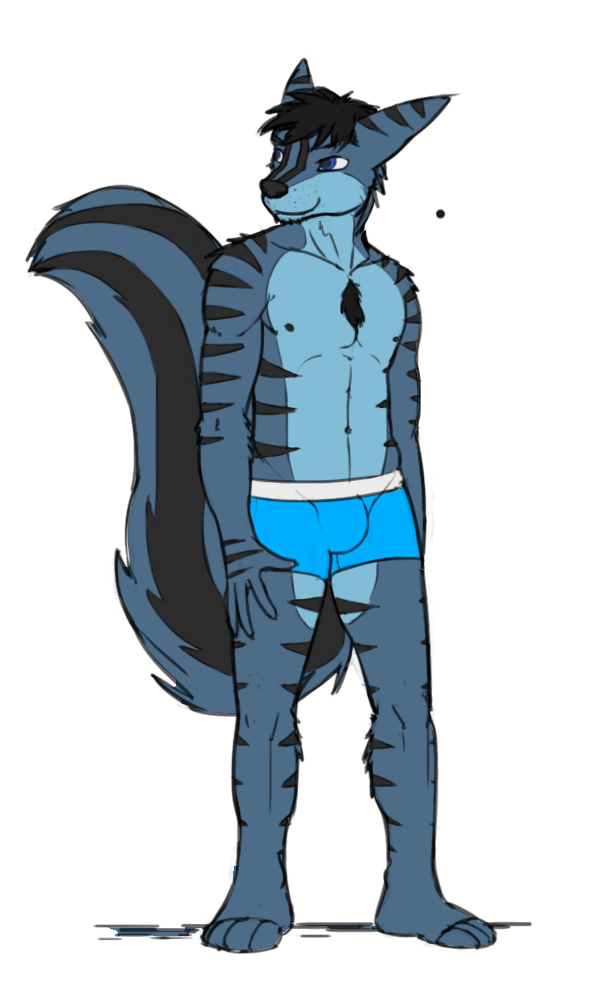 anthro big_tail black_body black_fur black_nose black_stripes blue_body blue_eyes blue_fur bulge clothing feet fur hair hindpaw male markings paws short_hair smile solo striped_markings striped_tail stripes tail tail_markings underwear rj-pilot ratchet_and_clank sony_corporation sony_interactive_entertainment mojo_(skunkbax)_(mojoskunk) hybrid lombax mammal mephitid skunk 2015 3:5