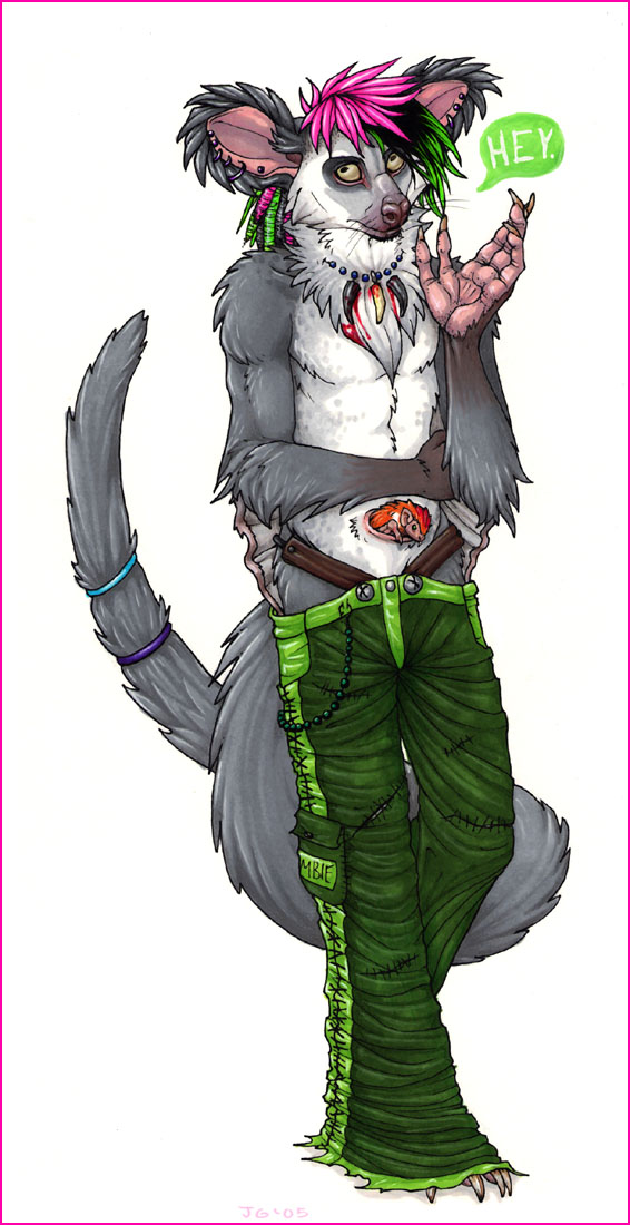 5_fingers anthro blood bodily_fluids bondage_pants border bottomwear cargo_pants claws clothed clothing dreadlocks duo ear_piercing fingers fur glamfur green_hair greeting grey_body grey_fur hair holding_arm in_pouch jewelry looking_at_viewer male membrane_(anatomy) necklace orange_body orange_fur pants patagium piercing pink_hair pouch_(anatomy) simple_background speech_bubble tail text topless whiskers white_background white_body white_fur psychodjinn american_opossum australian_possum mammal marsupial petaurid sugar_glider