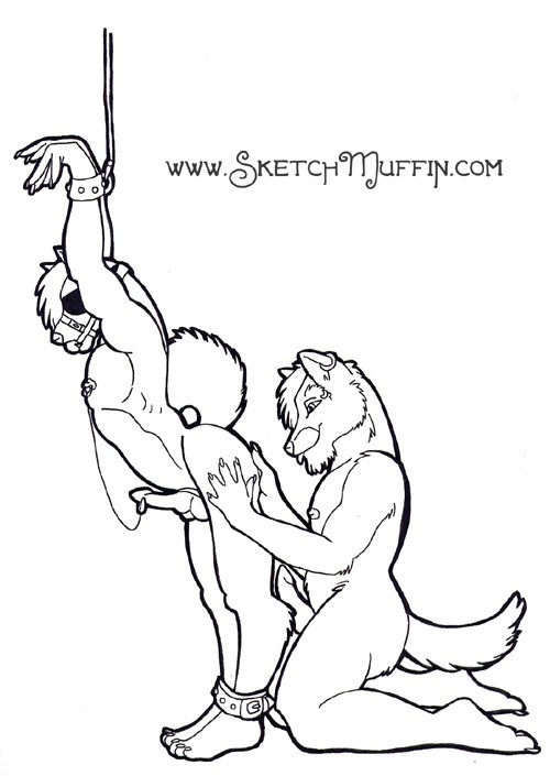 ankle_cuffs anthro ball_gag balls bdsm blindfold bondage bound butt clamp cuff_(restraint) dominant dominant_male duo ear_piercing erection gag genitals hand_on_butt hands_above_head male male/male nipple_clamp nipples penis piercing restraints smile spread_butt spreading submissive submissive_male text wrist_cuffs sketchmuffin canid canine canis mammal wolf black_and_white monochrome url