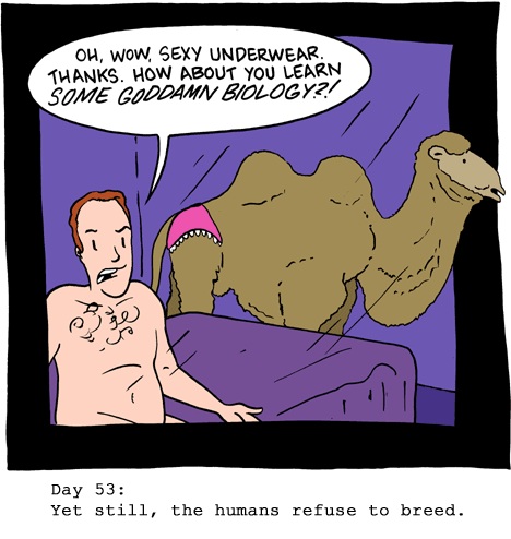 ambiguous_gender bed clothed clothing dialogue duo fatty_humps feral furniture male nude on_bed panties sitting speech_bubble text toony topless underwear zach_weiner saturday_morning_breakfast_cereal bactrian camel camelid human mammal comic english_text low_res