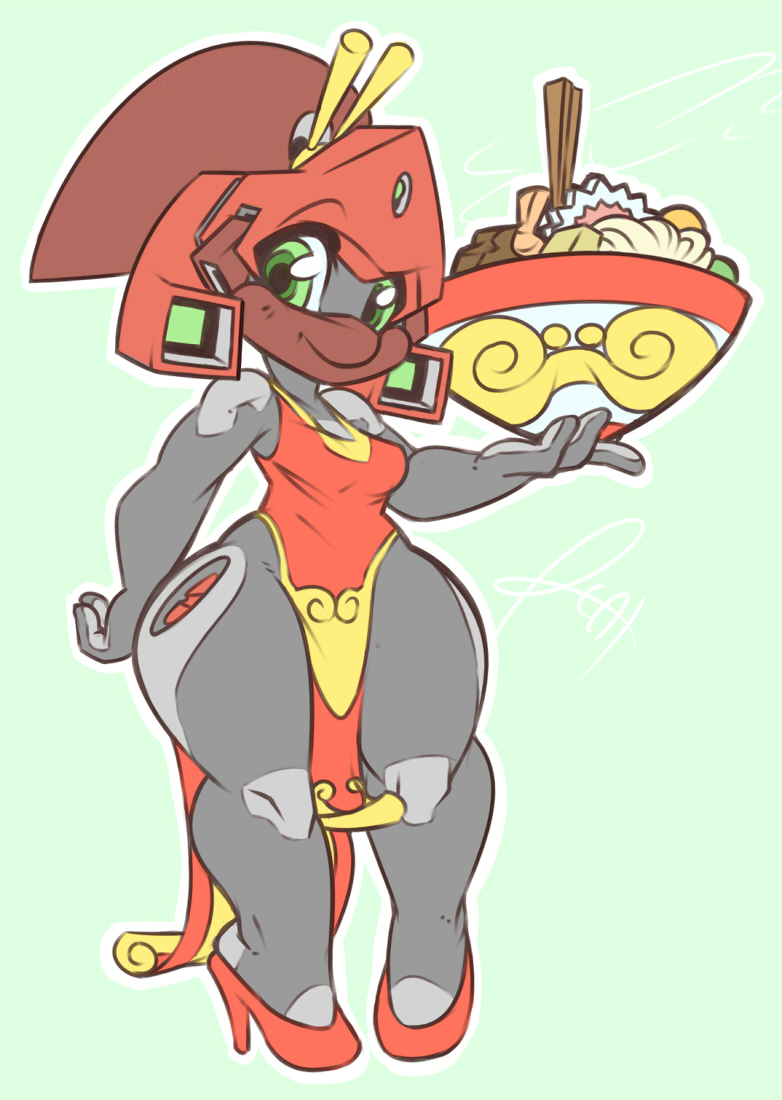 clothing cybernetics female food footwear high_heels looking_at_viewer machine narutomaki noodles not_furry ramen shoes solo standing stirrup_(marking) thick_thighs wide_hips pizzacat proxy_(pizzacat) android cyborg humanoid robot