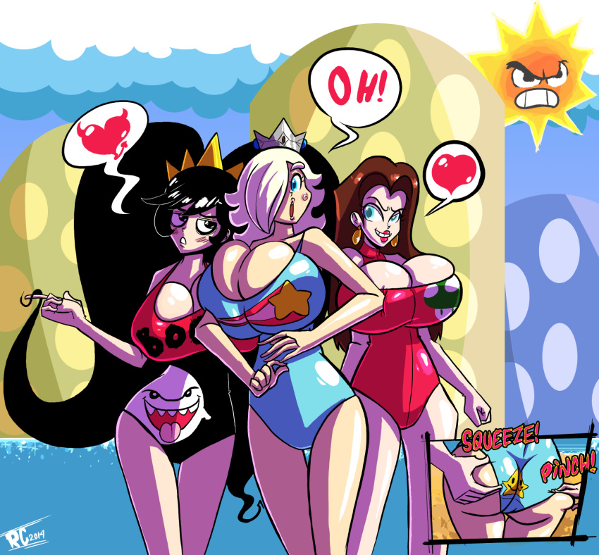 big_breasts black_eyes black_hair blonde_hair blue_eyes breasts brown_hair butt butt_grab clothed clothing crown dialogue ear_piercing eye_bags female group hair hand_on_butt headgear heart_symbol long_hair not_furry piercing pinch playing_with_hair princess royalty skimpy speech_bubble sun swimwear rollingcutter_(artist) donkey_kong_(series) mario_bros nintendo super_mario_galaxy warioware angry_sun ashley_(warioware) mayor_pauline rosalina_(mario) boo_(mario) human mammal pictographics