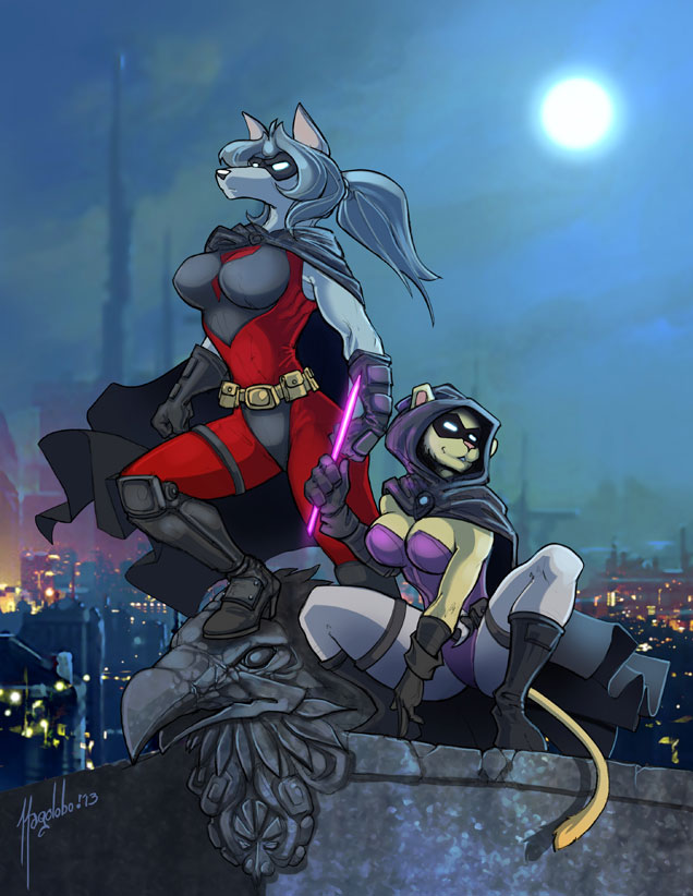 big_breasts boots breasts cape clothed clothing duo female footwear full_moon fully_clothed fur grey_body grey_fur high_heeled_boots high_heels kneeling mask moon outside shoes superhero tan_body tan_fur tight_clothing magolobo spectra_(vivaredlight) war_wolf_(vivaredlight) canid canine felid lion mammal pantherine 2013