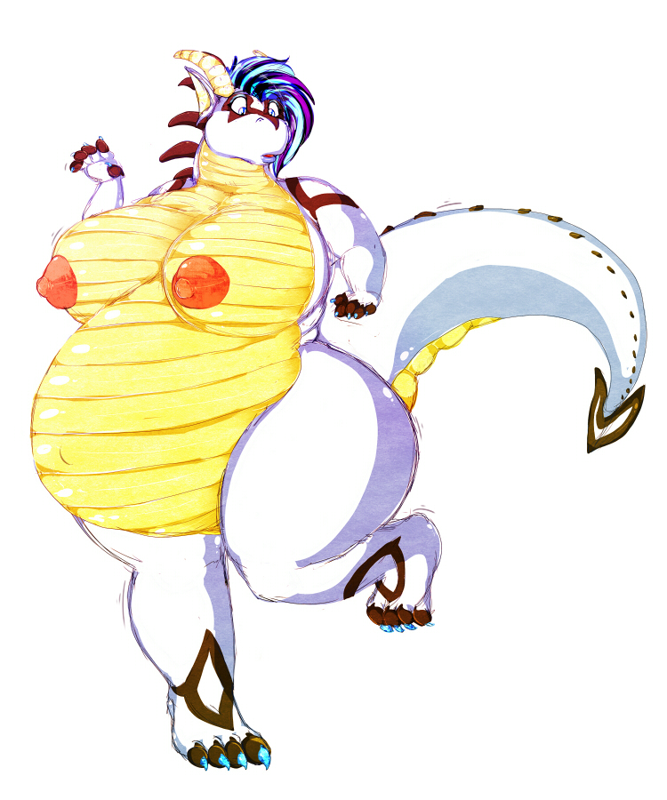 anthro areola belly big_belly big_breasts blue_eyes breasts female hair horn huge_belly huge_breasts navel nipples nude outie_navel pregnant pregnant_anthro pregnant_female scales solo thick_thighs ventral_scales white_body white_scales yellow_body yellow_scales herro mythology blyzzarde_(character) dragon mythological_creature mythological_scalie scalie 2012 5:6