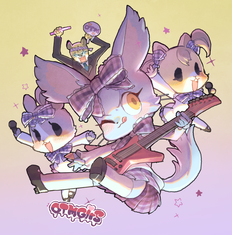 alternative_fashion anthro cheering clothed clothing female group guitar j-fashion jirai_kei kemono male musical_instrument one_eye_closed otm plucked_string_instrument string_instrument rikose aggretsuko sanrio hidarin_(aggretsuko) hyoudou manaka_(aggretsuko) migi_(aggretsuko) otmgirls caviid chinchilla chinchillid felid guinea_pig leopard mammal pantherine rodent digital_media_(artwork) digital_painting_(artwork)