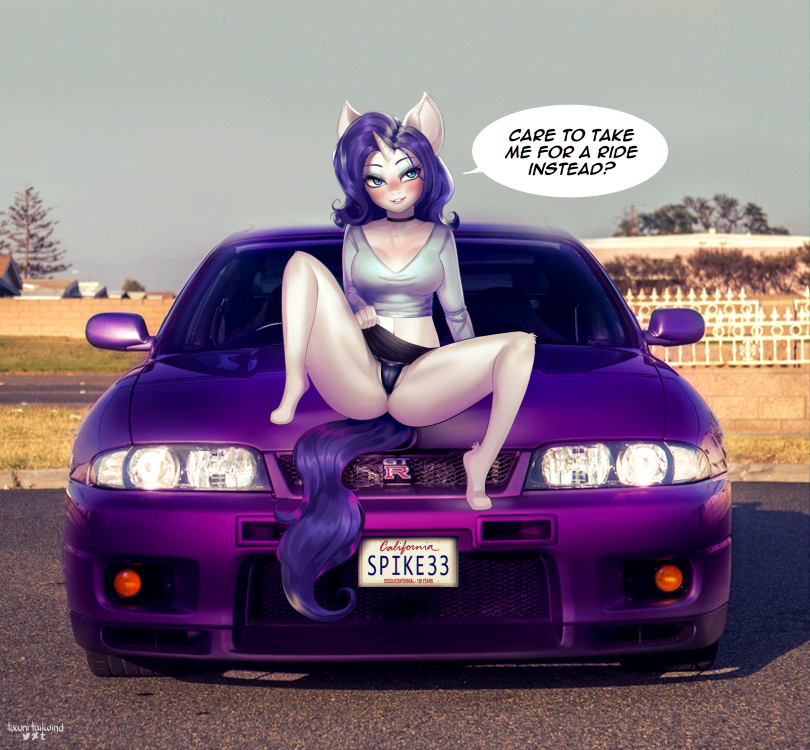 anthro anthrofied blush camel_toe car clothing dialogue female hair horn on_hood outside r33_gtr solo spread_legs spreading text vehicle tawni_tailwind friendship_is_magic hasbro my_little_pony mythology nissan nissan_gtr rarity_(mlp) equid equine mammal mythological_creature mythological_equine unicorn 2018 digital_media_(artwork) english_text