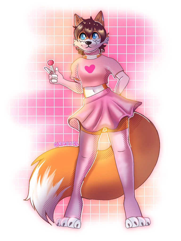 anthro candy clothed clothing crossdressing dessert femboy food girassol holding_candy holding_food holding_lollipop holding_object lollipop male solo luvini canid canine fox mammal 3:4