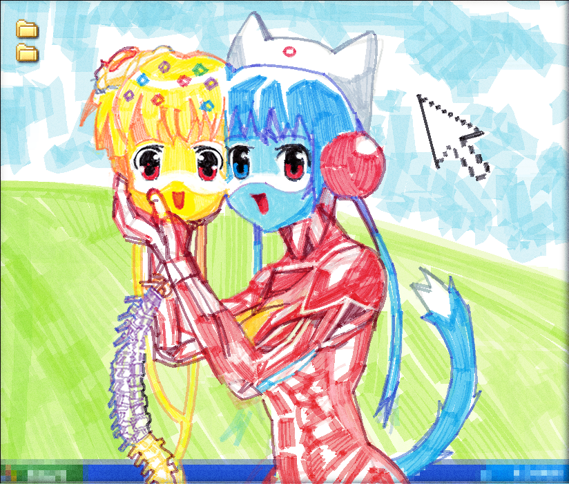 bangs blue_hair clothing cursor duo female fur gore hair hat headgear headwear heterochromia red_eyes skinless smile spine tail alunka microsoft microsoft_windows windows_xp cheri_(alunka) smietana_(alunka) animal_humanoid cat_humanoid felid felid_humanoid feline feline_humanoid humanoid mammal mammal_humanoid